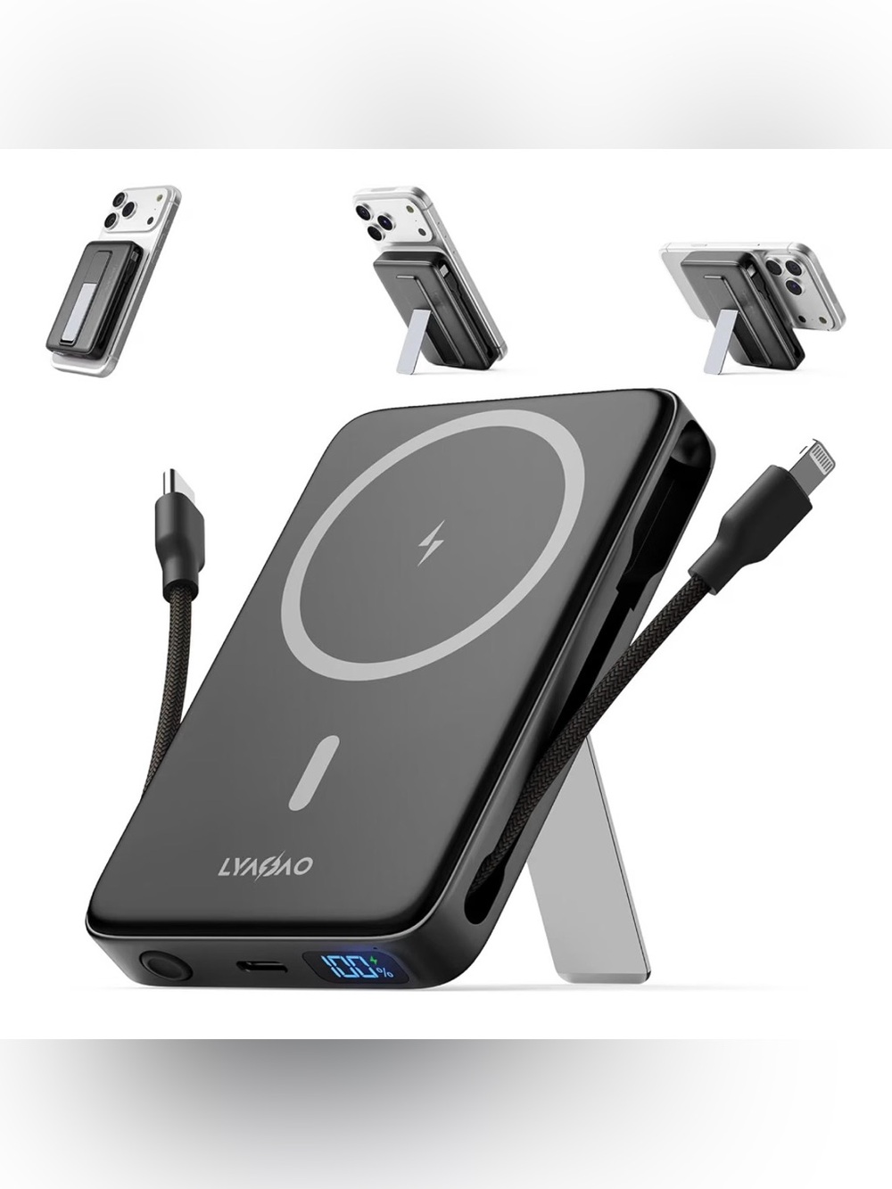 10000mAh Ultra Slim Magnetic Power Bank, Built-in USB-C & iPhone Cable